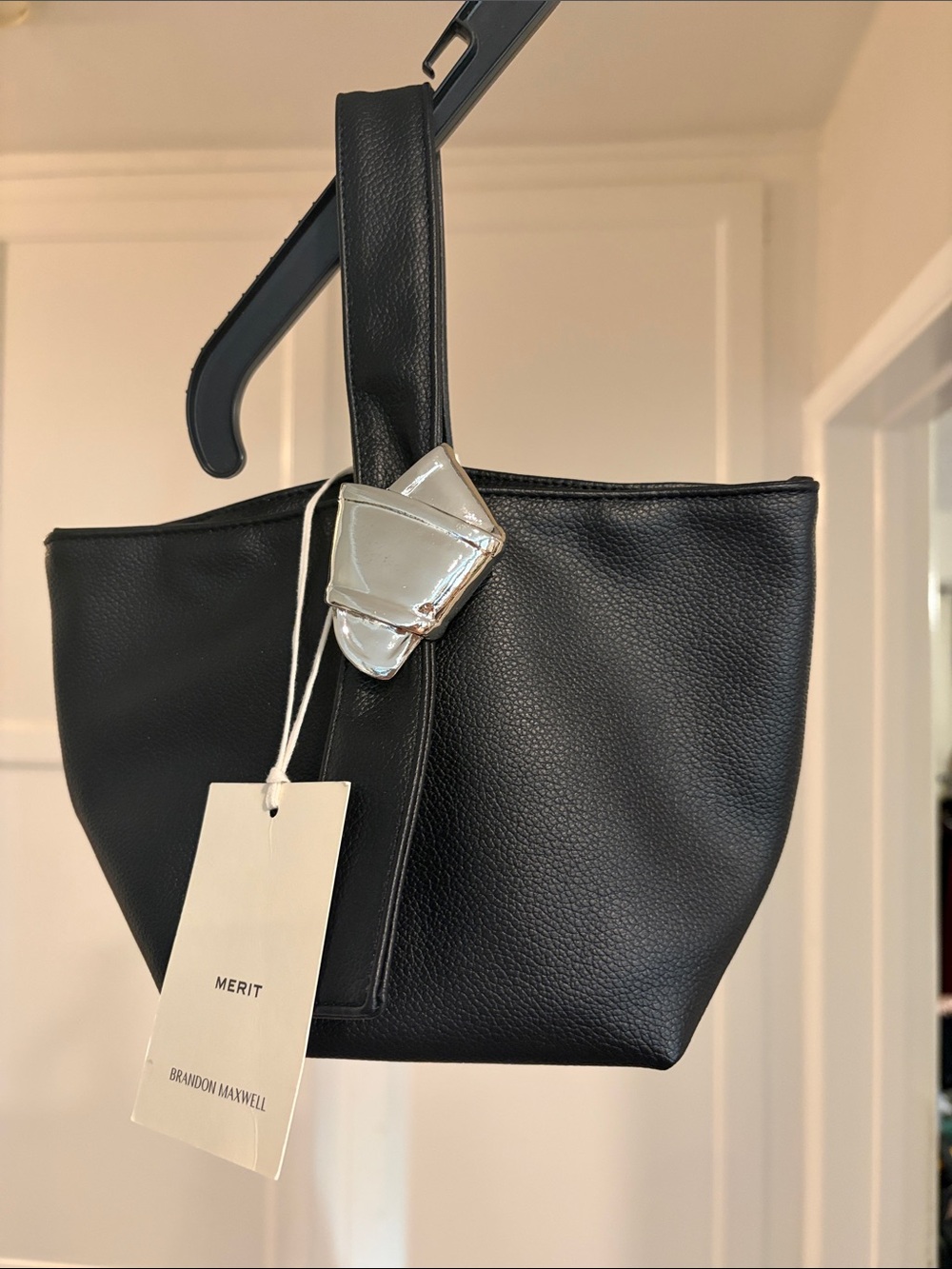 Merit x Brandon Maxwell Pebble Leather Mini Tote with Sculptural Silver Detail